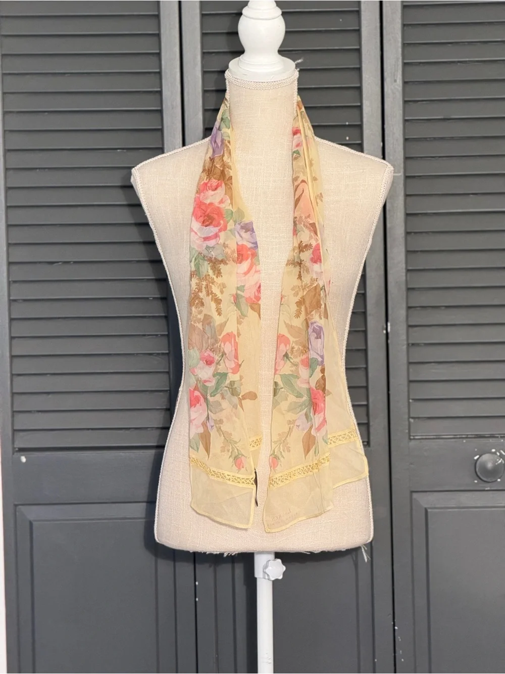 Lauren Ralph Lauren 100% Silk Floral Scarf Yellow Pink Watercolor Lace Trim